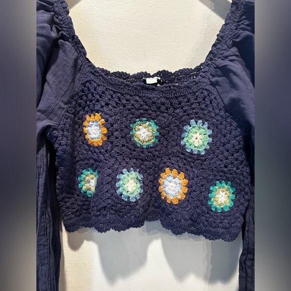 Aerie Navy Crochet Floral Women's Top large cottage core boho euro summer - Picture 8 of 10